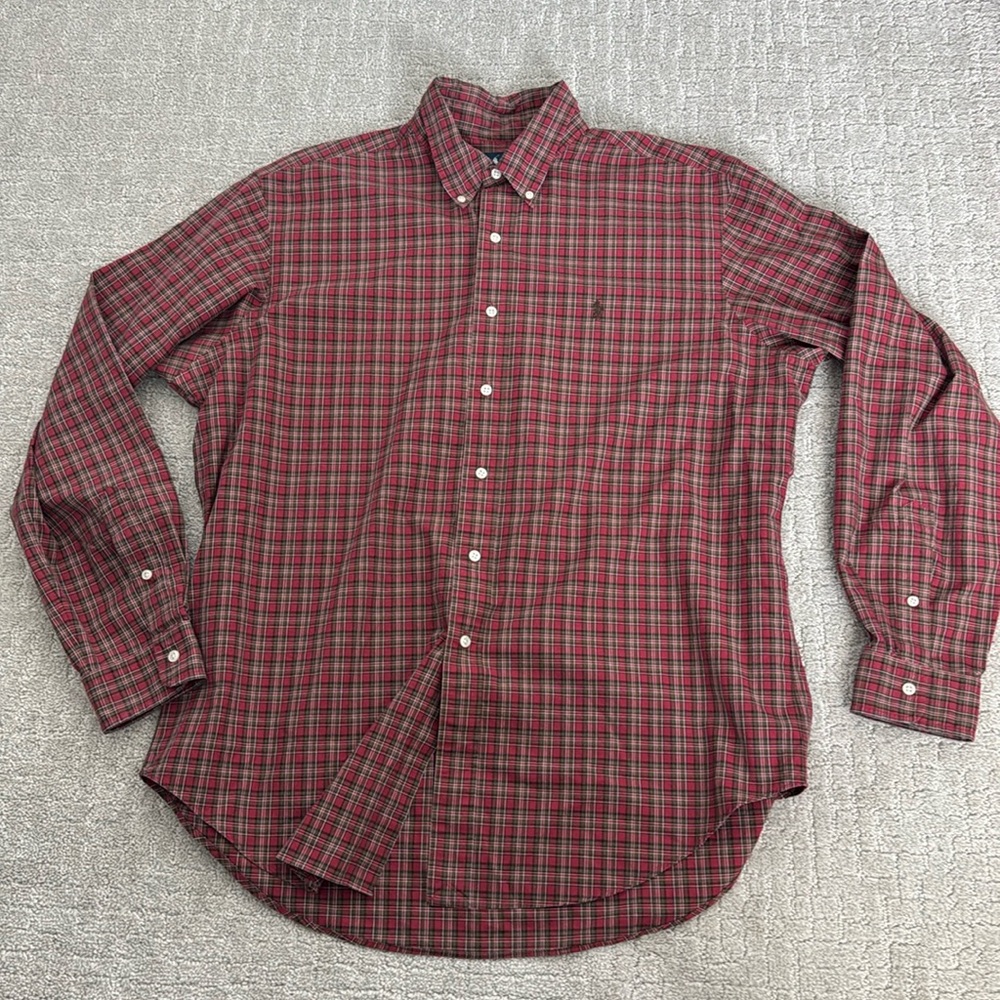 Ralph Lauren maroon brown plaid 100% cotton button up down collared long sleeve